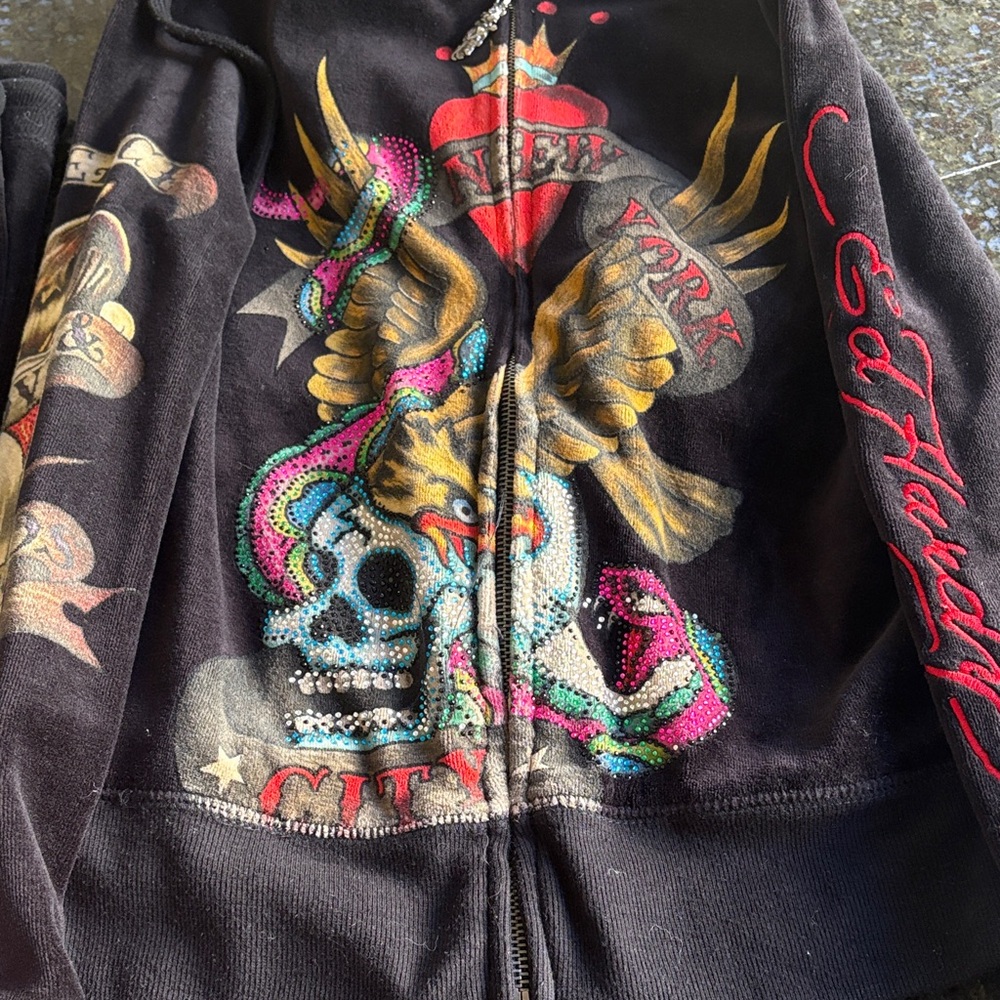 Ed Hardy soft Multicolor Graphic Zip-Up and joggers.